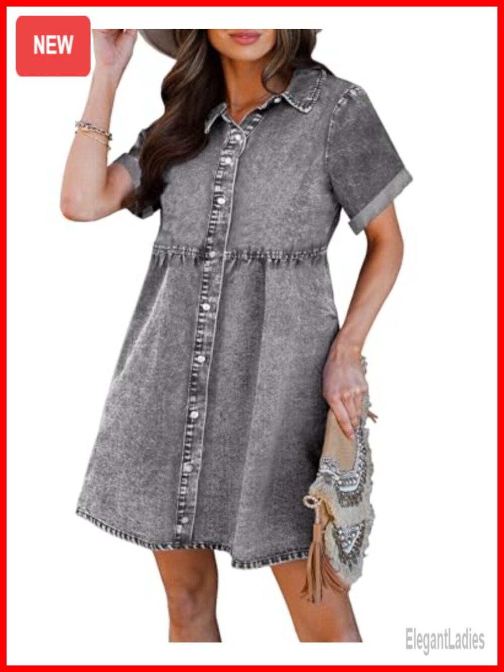 Womens Denim Babydoll Dress Button Down Tiered Short Sleeve Jean Dress